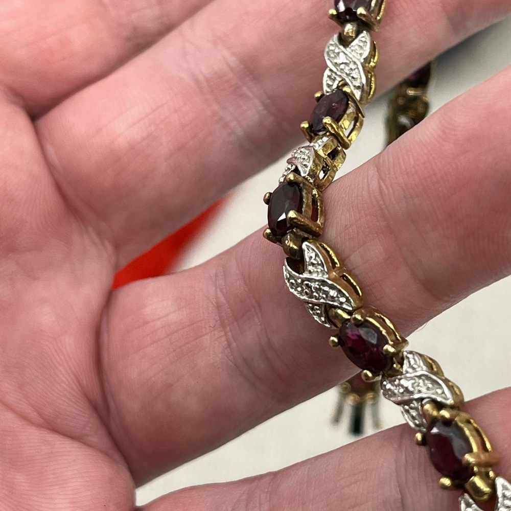 Vintage Sterling Silver 925 Garnet Bracelet 7.5” Estate 15.9g Two-Tone Design - Picture 10 of 17